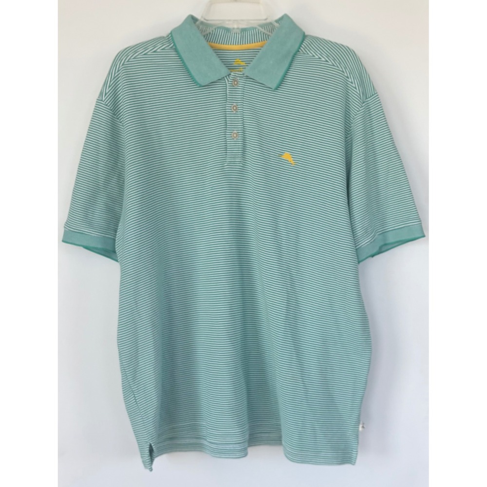 Tommy Bahama Men Beach Green White Stripe Short Sleeve Polo Shirt Marlin Logo XL